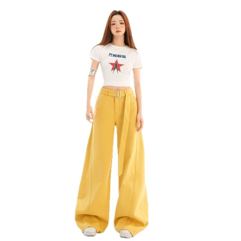 White Wide-Leg Knife-Edge Denim Pants for Women Loose Fit