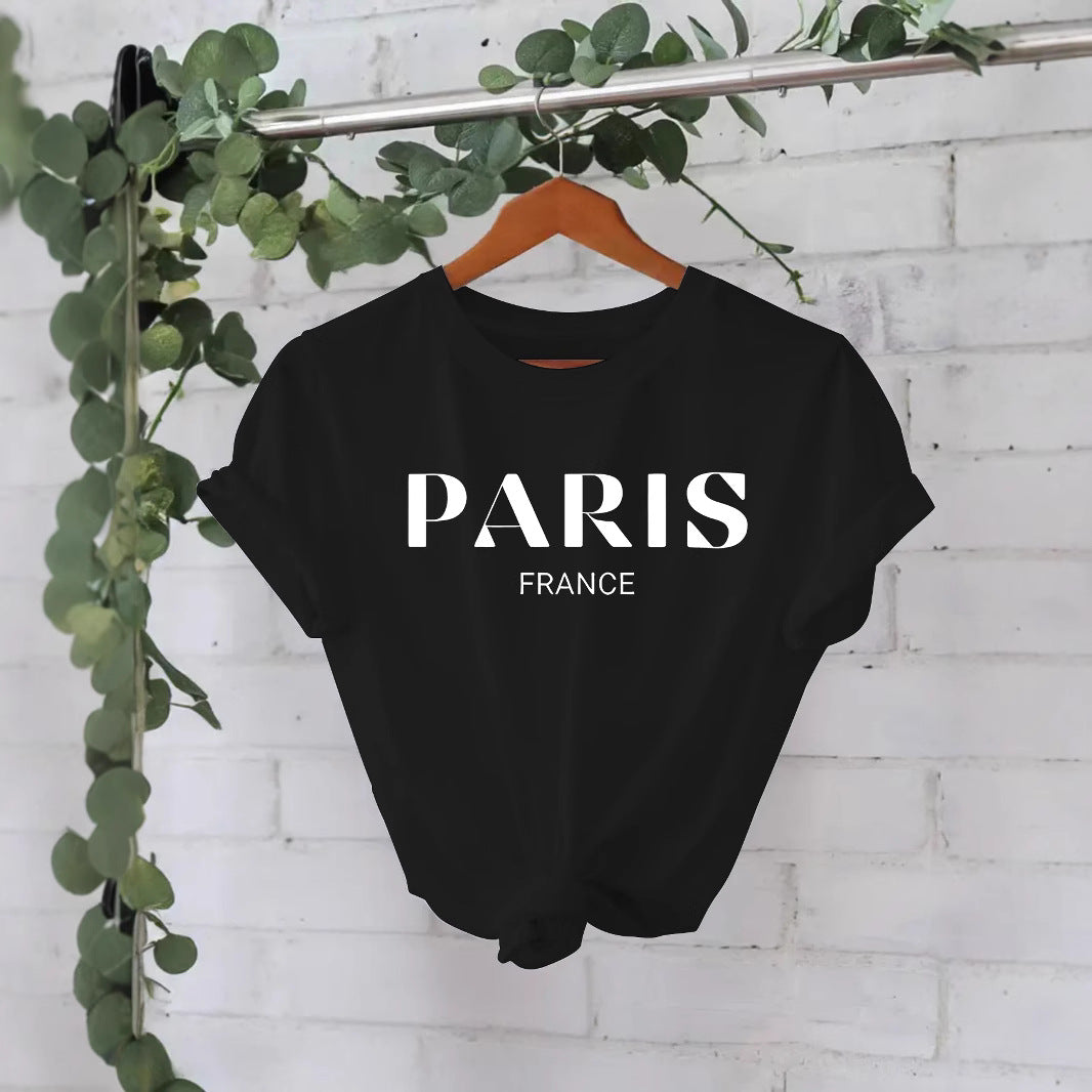 Paris printed round neck loose short sleeved shirt