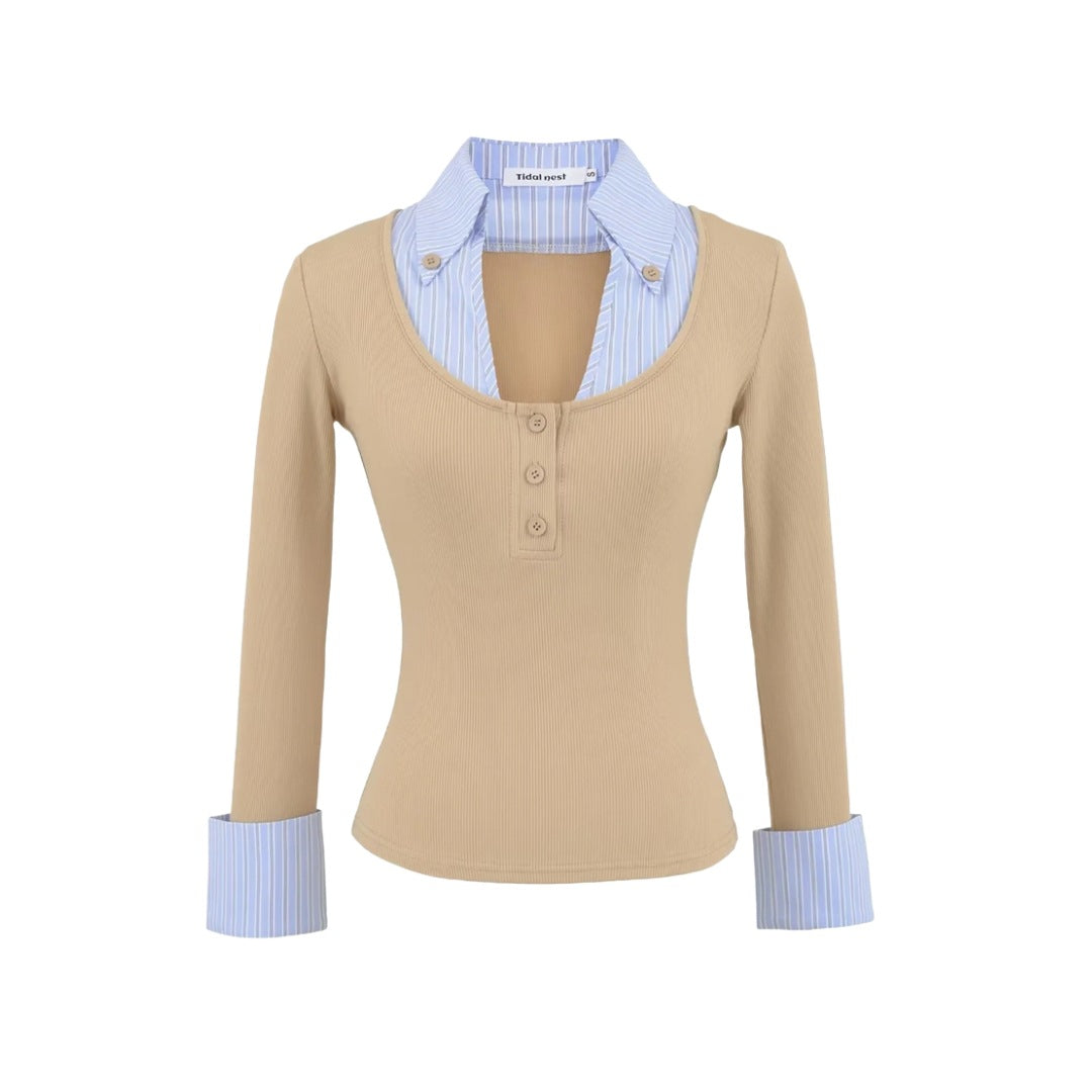 Spring Fake Two-Piece Turn-Down Collar Spliced Stripe Color-Blocking Three-Quarter Sleeve T-Shirt Fitted Waist-In Top