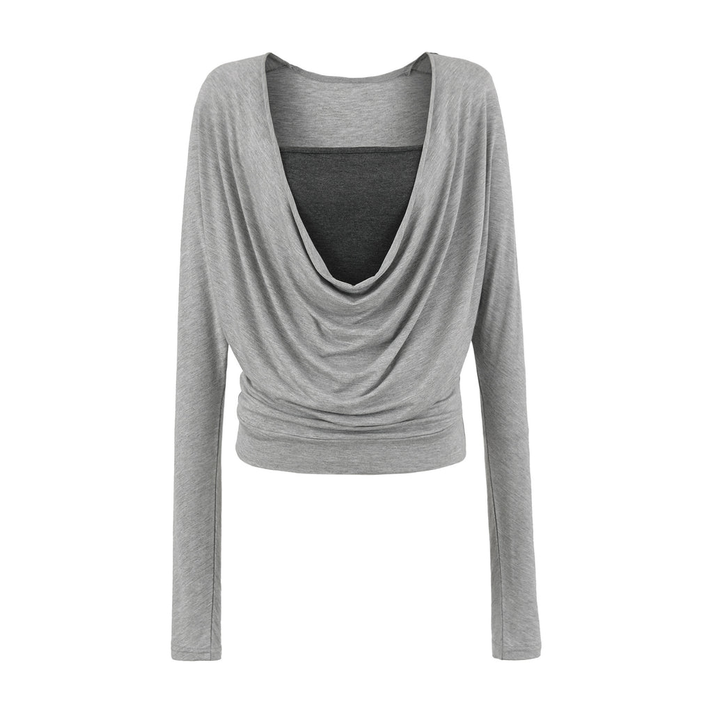 Swing collar contrasting fake two piece long sleeved top