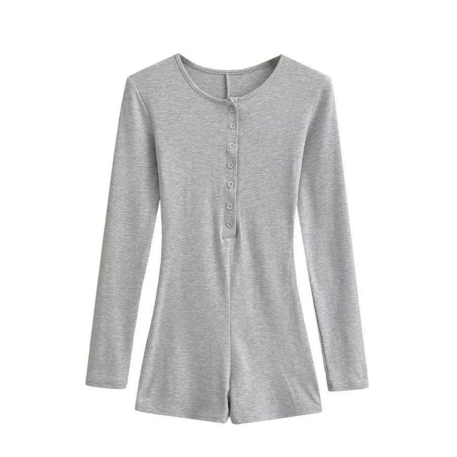 Single-breasted round-neck slim-fitting solid-color long-sleeved jumpsuit