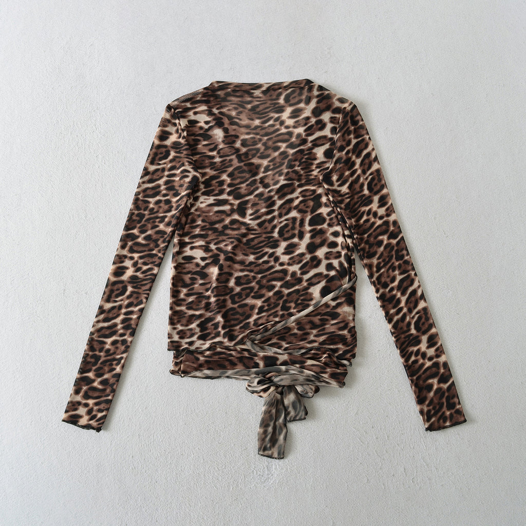 Leopard cross tie long sleeved top for women