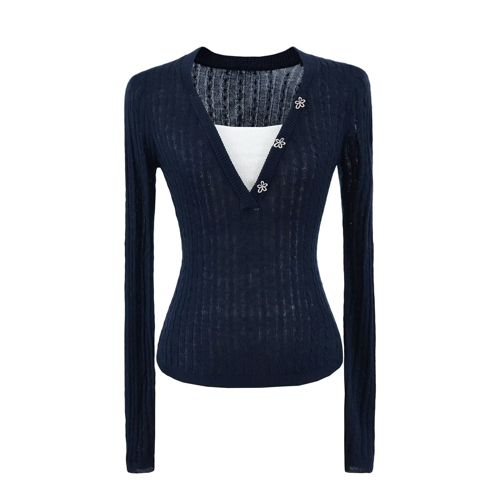 Flower button twisted flower V-neck long sleeved top