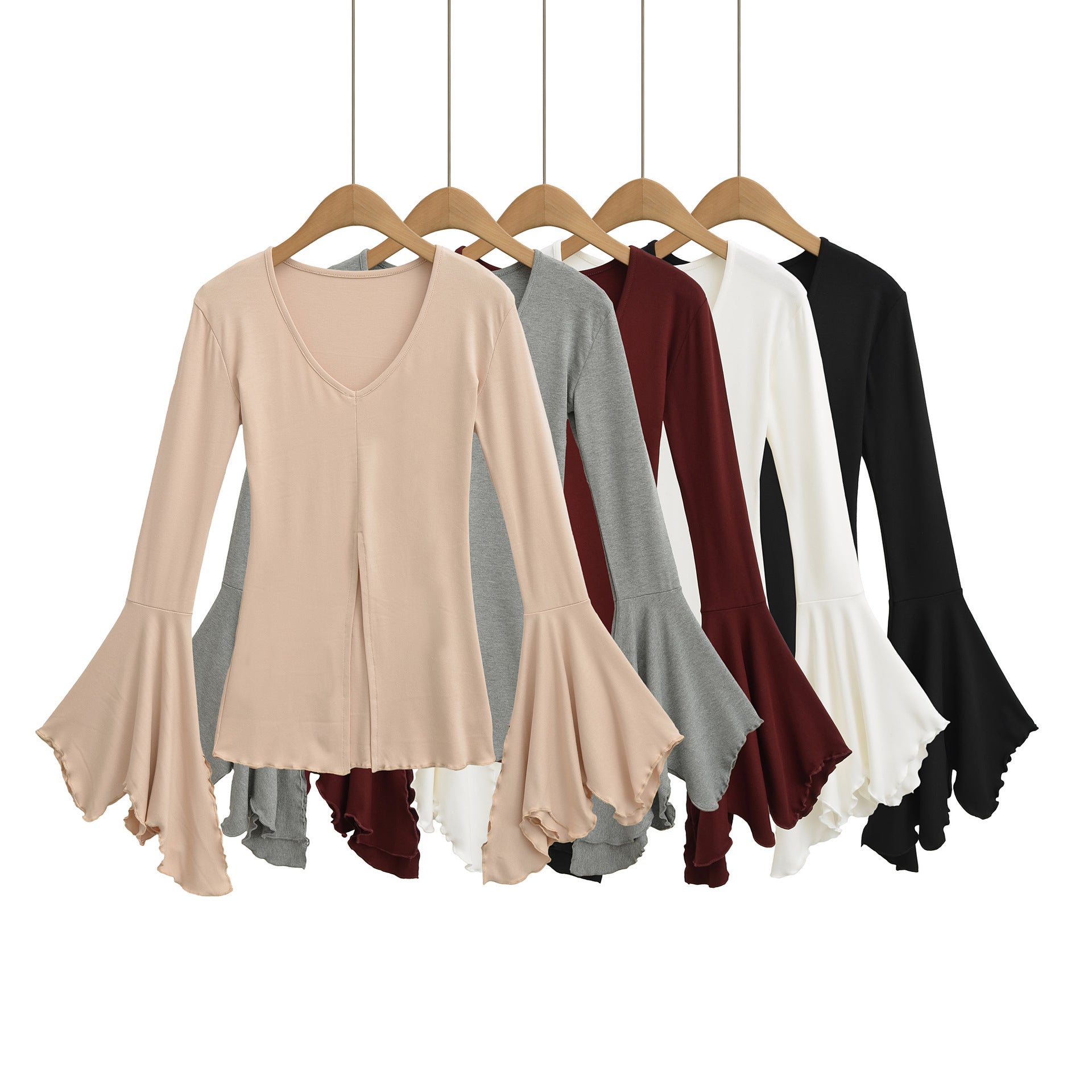 Sexy V-neck flared sleeves split bottom top T-shirt