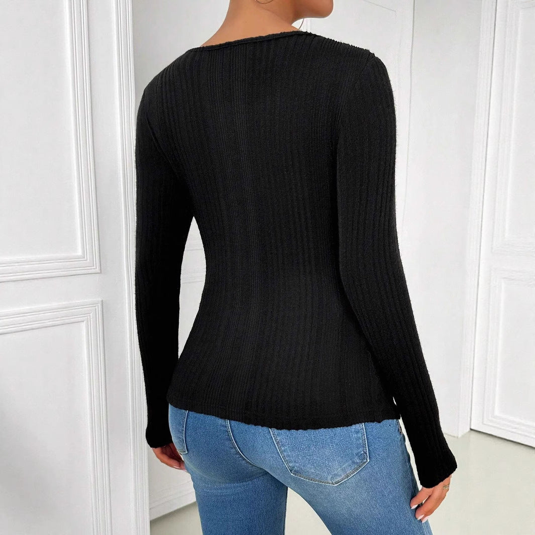 Women's asymmetrical collar hollowed out long sleeved T-shirt top