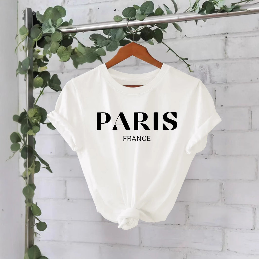 Paris printed round neck loose short sleeved shirt
