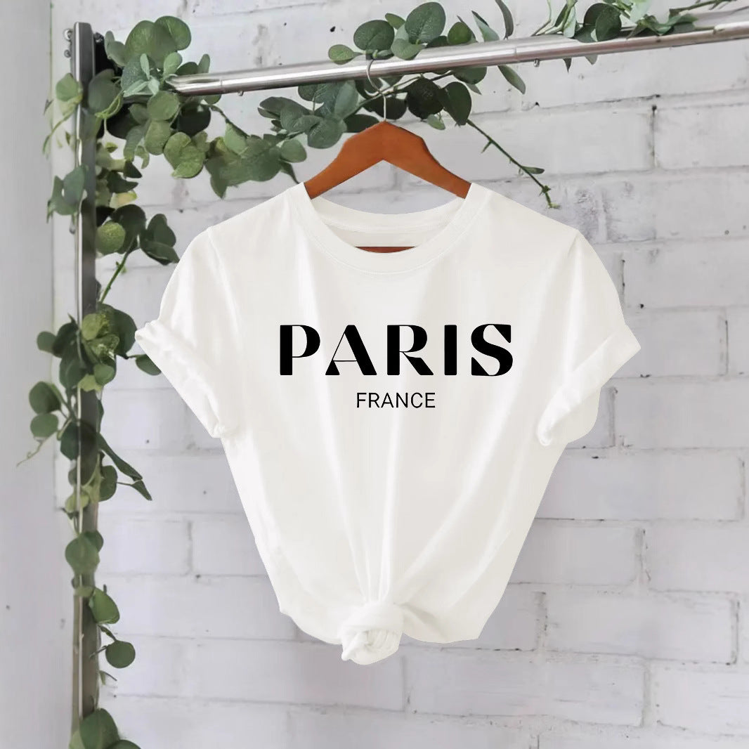 Paris printed round neck loose short sleeved shirt